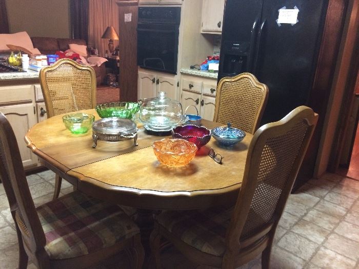 Misc glassware and dining table with 4 high back dining chairs