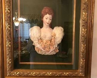 Framed “Madame Duberry” handmade with antique lace and fired. Custom framed