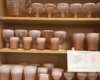 Different sizes of Hobnail opalescent glasses and pitcher