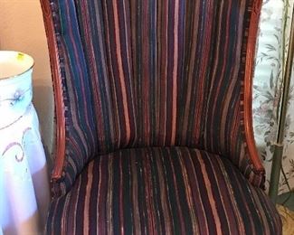 Pair of beautiful chairs in thin stripes of burgundy and teal colors