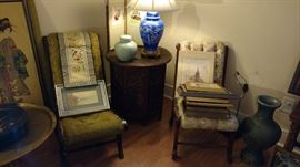 2 scroll back slipper chairs, inlaid folding table