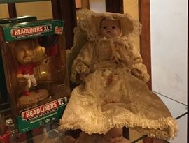 Oak Curio Cabinet, McGwire Bobblehead, Victorian Baby Doll