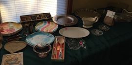Assorted Melmac Style Plates, Pampered Chef Cookie Molds, Gravy Bowl, Platter, Denmark Salad Set