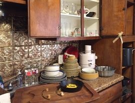 Wooden Roast Cutting Board, Assorted Dinnerware, Jack La Lane Power Juicer, Bundt Pan, Princess House Glassware, Lodge Skillet