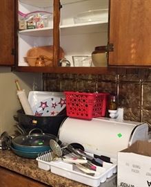 Bread Box, Assorted Utensils, Ice Bucket, Skillets, Clay Dutch Oven, Vintage Spice Cans