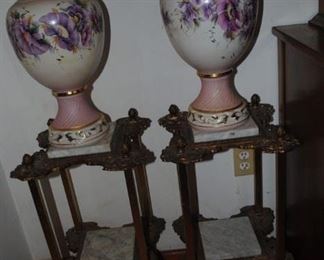 Large Matching China Vases     Marble and metal plant stands
