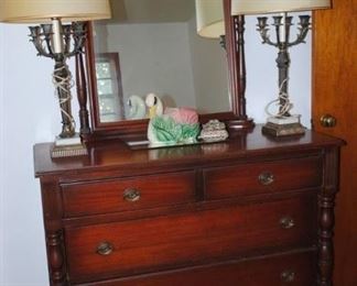Dresser with mirror   Matching metal and marble lamps