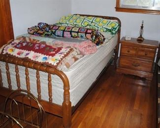 Jenny Lind twin beds - Depression Era  - new mattresses       Quilts, wool rugs and intricate crochet afghans
