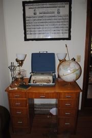Solid wood desk, Globe, Royal typewrite with case