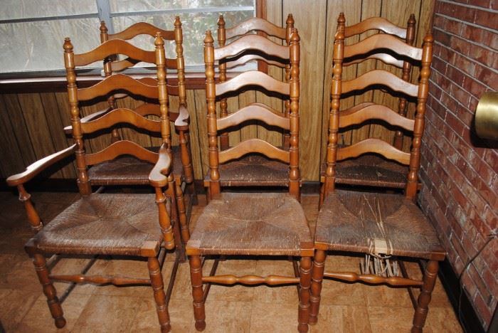 Set of 6 ornate ladder back chairs with 2 arm chairs
