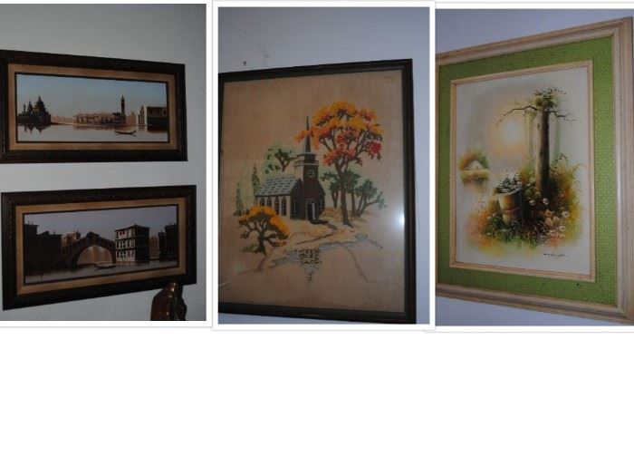 Great selection of pictures - prints, oil on canvas, needlepoint and more