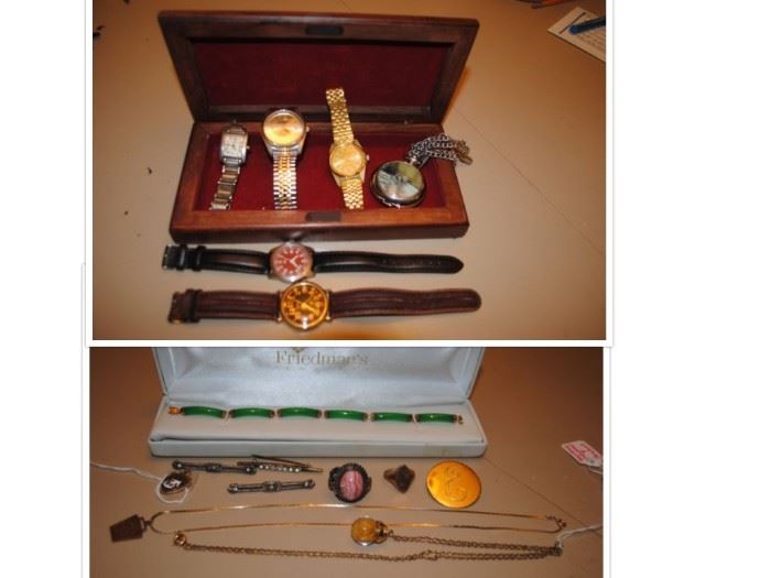 assorted watches including Guess and Swiss Army                 14K and jade bracelet, gold necklace, 1930s North Ga college pendant and other assorted pieces