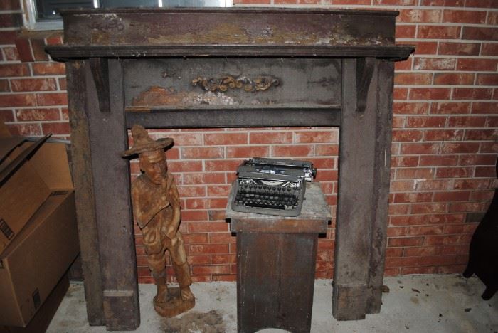 One of the mantels - oak , wood sculpture, typewrite and a tater box