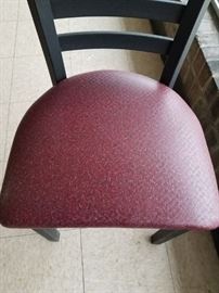 Assorted laminate top round tables with heavy metal pedestal bases $50 each (4) 34" (1) 30" Black metal ladder back chairs with burgundy vinyl seats $45 per chair (10) available
