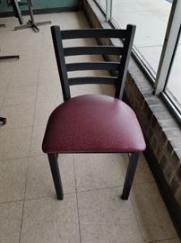 Assorted laminate top round tables with heavy metal pedestal bases $50 each (4) 34" (1) 30" Black metal ladder back chairs with burgundy vinyl seats $45 per chair (10) available