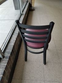 Assorted laminate top round tables with heavy metal pedestal bases $50 each (4) 34" (1) 30" Black metal ladder back chairs with burgundy vinyl seats $45 per chair (10) available