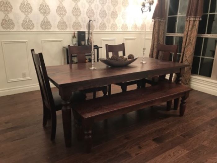 Large, rustic farmers table with bench and chairs 