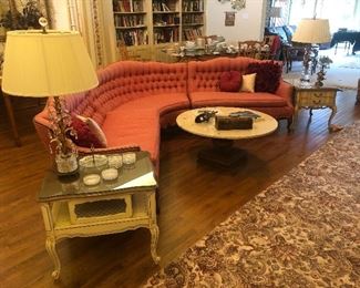 Lovely French Provincial vintage sectional sofa, marble coffee table and 2 end tables with vintage crystal lamps