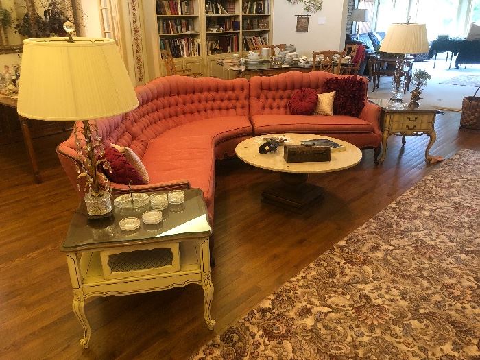 Lovely French Provincial vintage sectional sofa, marble coffee table and 2 end tables with vintage crystal lamps
