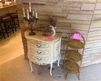 3 Drawer French console chest with marble top, Hand painted tea caddy