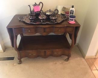 French Provincial White Furniture Co drop leaf server and Silver Tea Set