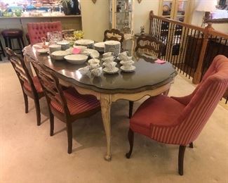 White Furn Co 1960's French Provincial dining table with 2 leaves and 8 chairs with glass protective top