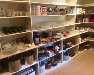 Lots of kitchen items, glassware, cookware, Christmas dishes