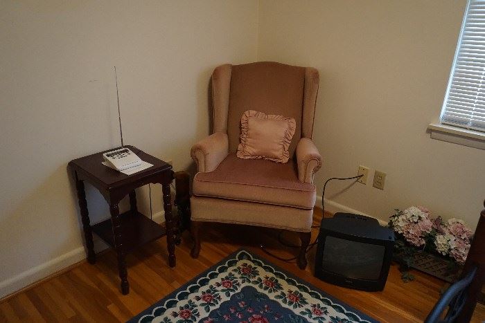 Weather radio, side chair, occasional table