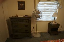 Vintage chest and night stand, floor fan