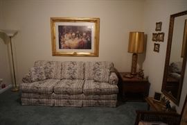 Sofa (hide-a-bed), wall art, mirror and table set, set of prints, floor lamp, brass owl. decorative items