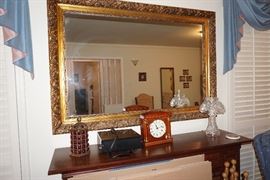Large mantle mirror, crystal lamp, Stifle clock,