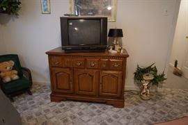 Small side buffet, Basset, TV, small child's upholstered rocker, decorative cherub