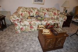 Hide-a-bed sofa like new, Broyhill. Decorative ashtray, wall art.