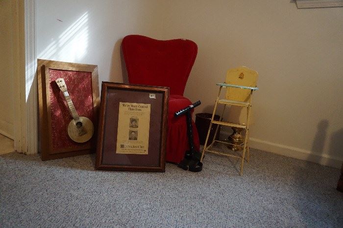 Vintage Doll highchair, decorative items, red velvet chair