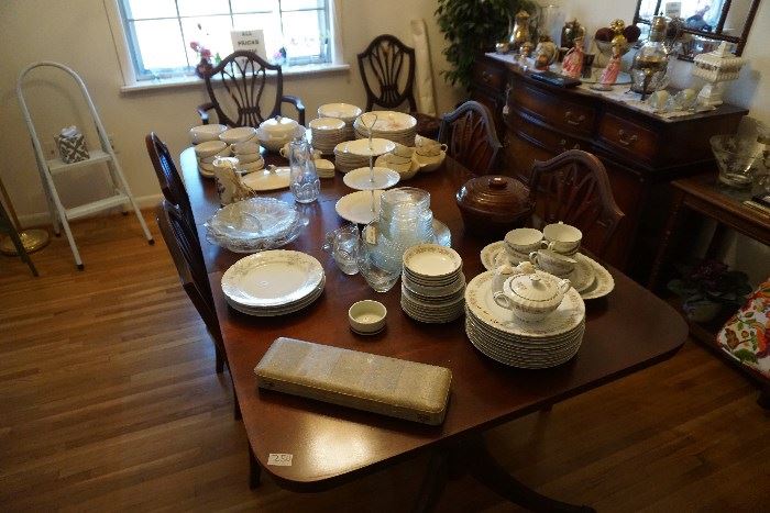 Assorted china, crystal, table and chairs, buffet