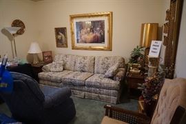 Hide-abed sofa, wall art, lamps, floor lamps, rocking chair