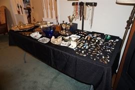 Men's and ladies costume jewelry, seafood fork from the Marion hotel, Hellerware lazy susan, footed sp serving tray, small sp serving tray, sp toasting cups