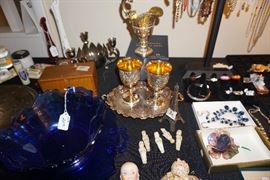 Toasting cups with under plate, ewer, vintage necklace and pin