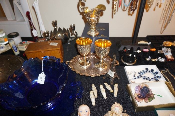 Toasting cups with under plate, ewer, vintage necklace and pin