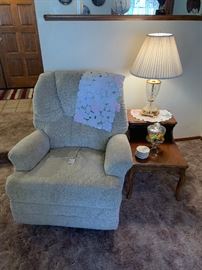 White reclining rocking chair with side table