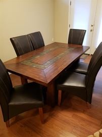 Wood and Slate Table and 6 Slipper Chairs