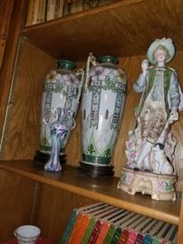 Asian inspired vases and Victorian figurines