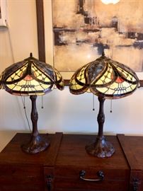Pair stained glass lamps