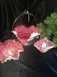 Scalloped vintage cranberry baskets and bowls