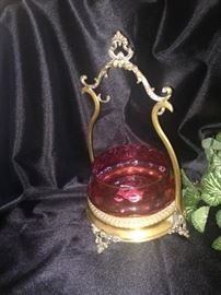 Thumbprint cranberry bowl in holder