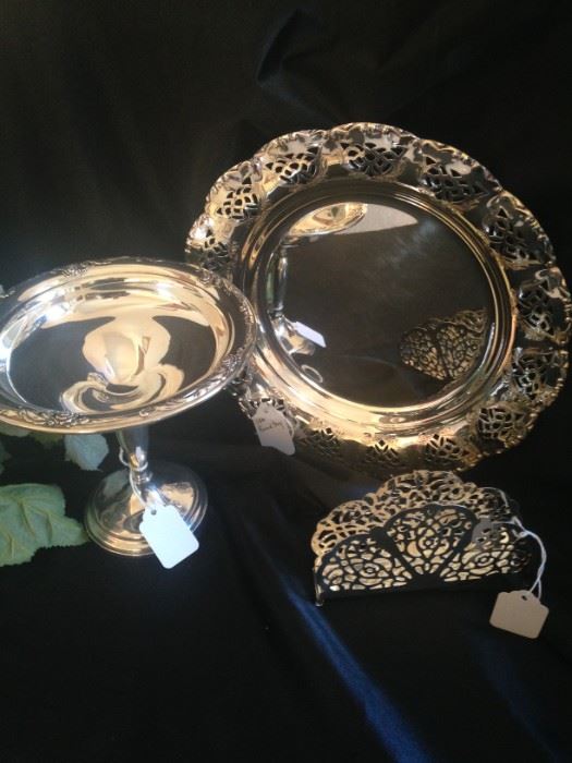 Silver plate compote, reticulated tray and letter holder