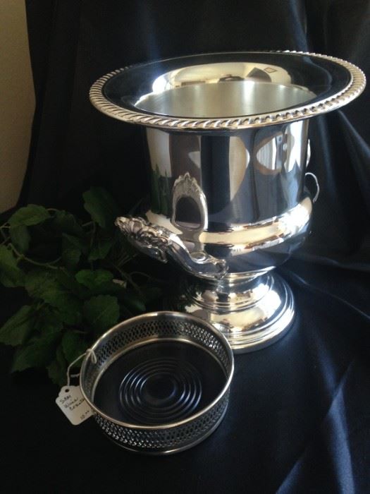 Silver plate champagne bucket and wine bottle coaster