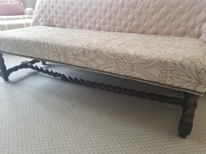 Bench in cream linen with brown emboidery, nail head trim	61w x 23d x 17h