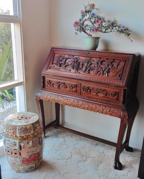 Rose medallion garden stool, jade&hardstone floral display, George Zee Asian carved desk