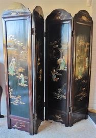 Black lacquer 4-panel Chinese screen. Mother of pearl and carved stone